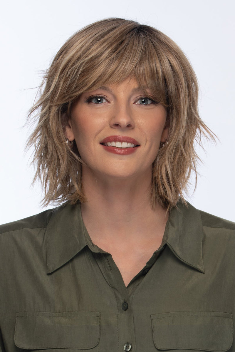 RH12/26RT4 light brown with chunky golden blonde highlights and dark brown roots