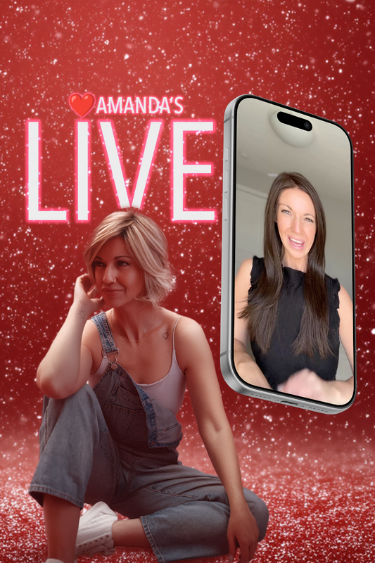 Woman sitting on a red glittery background with 'Amanda's Live' text and a phone displaying her face.